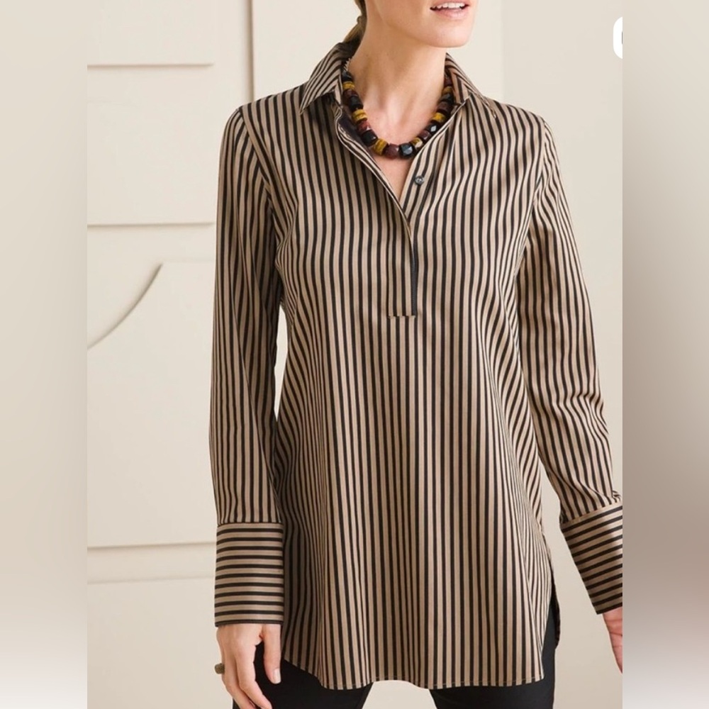 Chico's Black and Dark Tan Tunic Blouse No Iron Chic Stretch Chicos size 3.5
